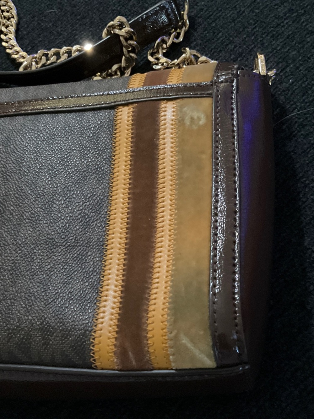 Michael Kors Brown and Mustard Striped Shoulder Bag with Gold Adjustable Chain - Picture 7 of 16